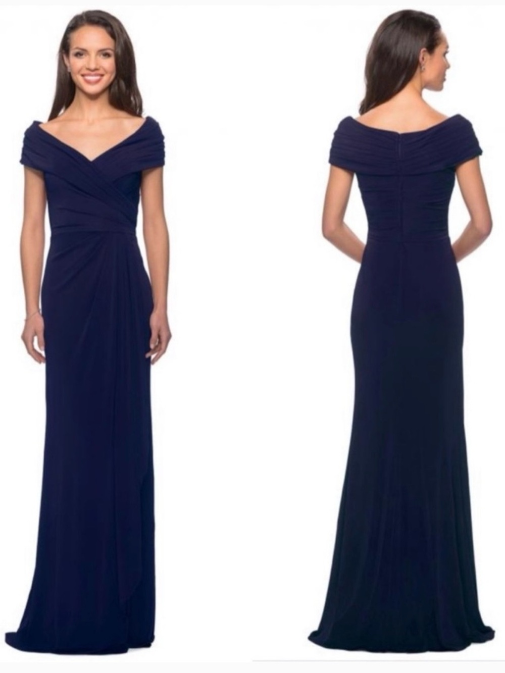 La Femme Ruched Jersey Long Gown Dress 26519 in Navy Blue Size 12